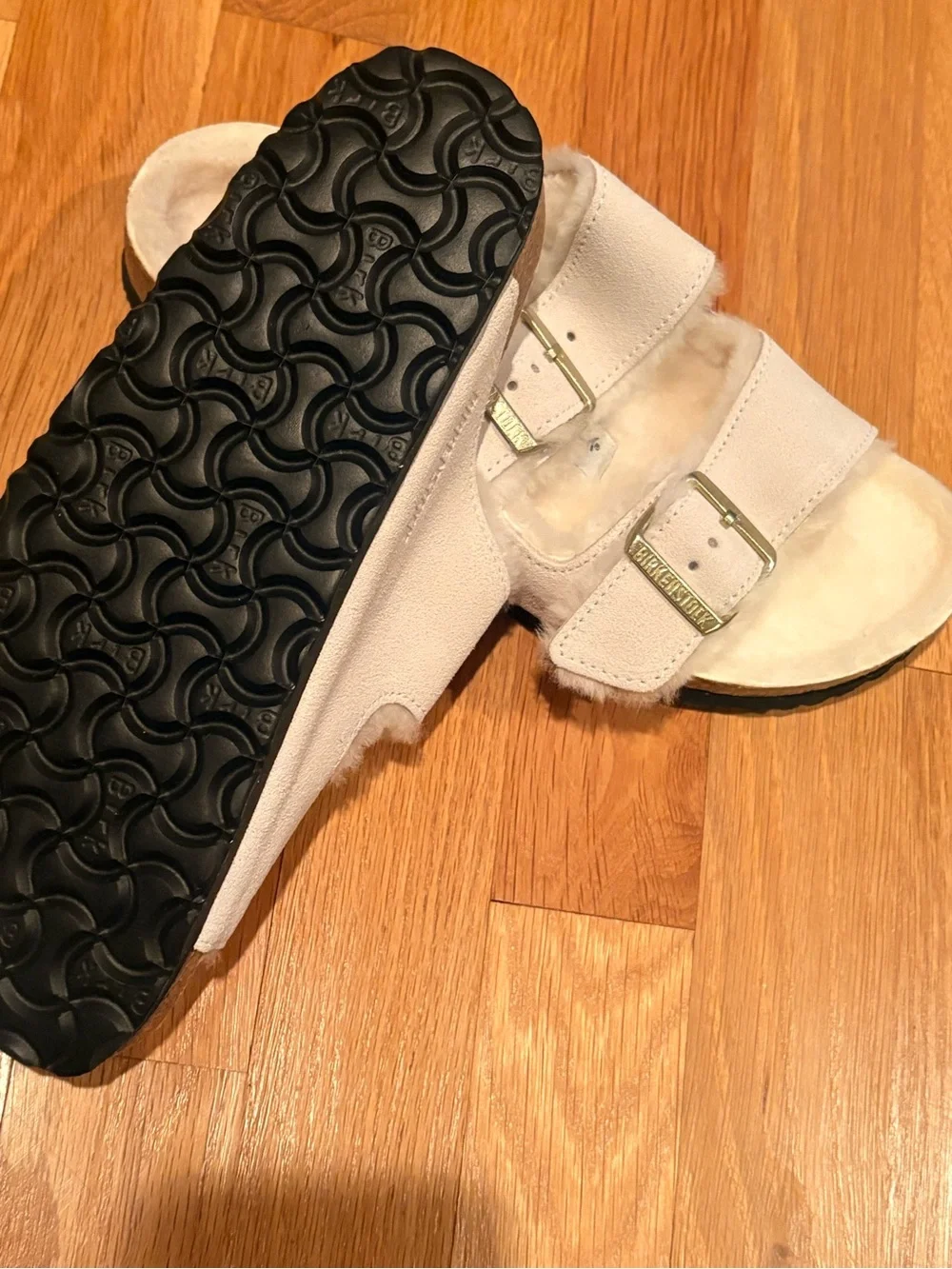 Birkenstock Antique White Faux-Fur Double Buckle Slide Sandals